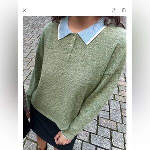 Zara Green Knit Top with White Collar